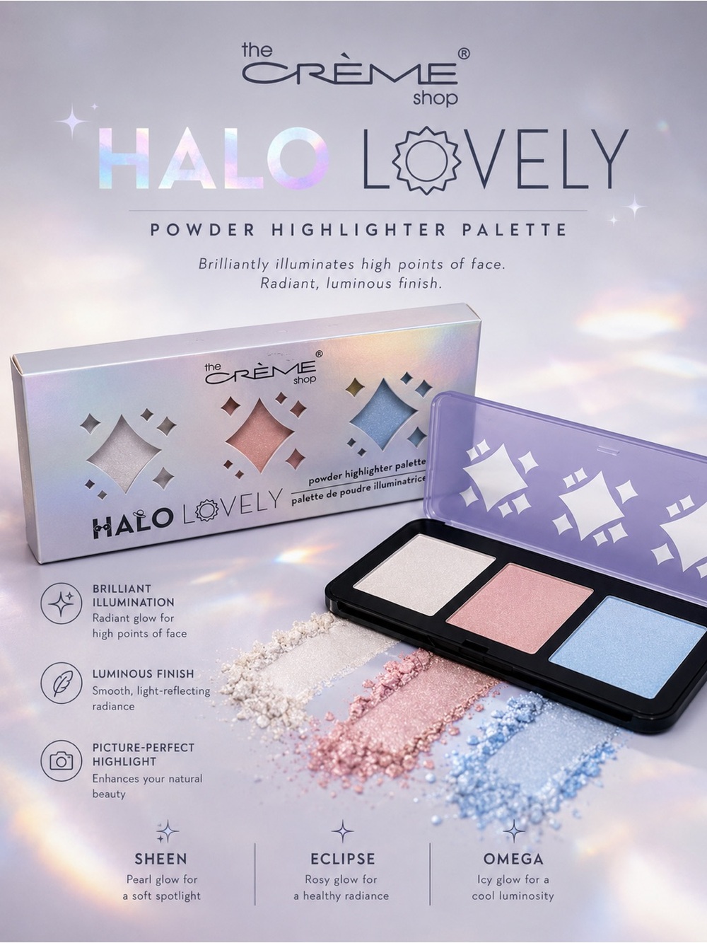 the Crème Shop Halo Lovely Powder Highlighter Palette — Pink, White, Blue